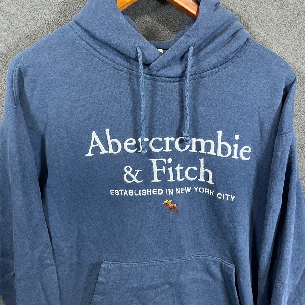 Abercrombie & Fitch Relaxed Fleece Hoodie Blue Embroidered Logo Small